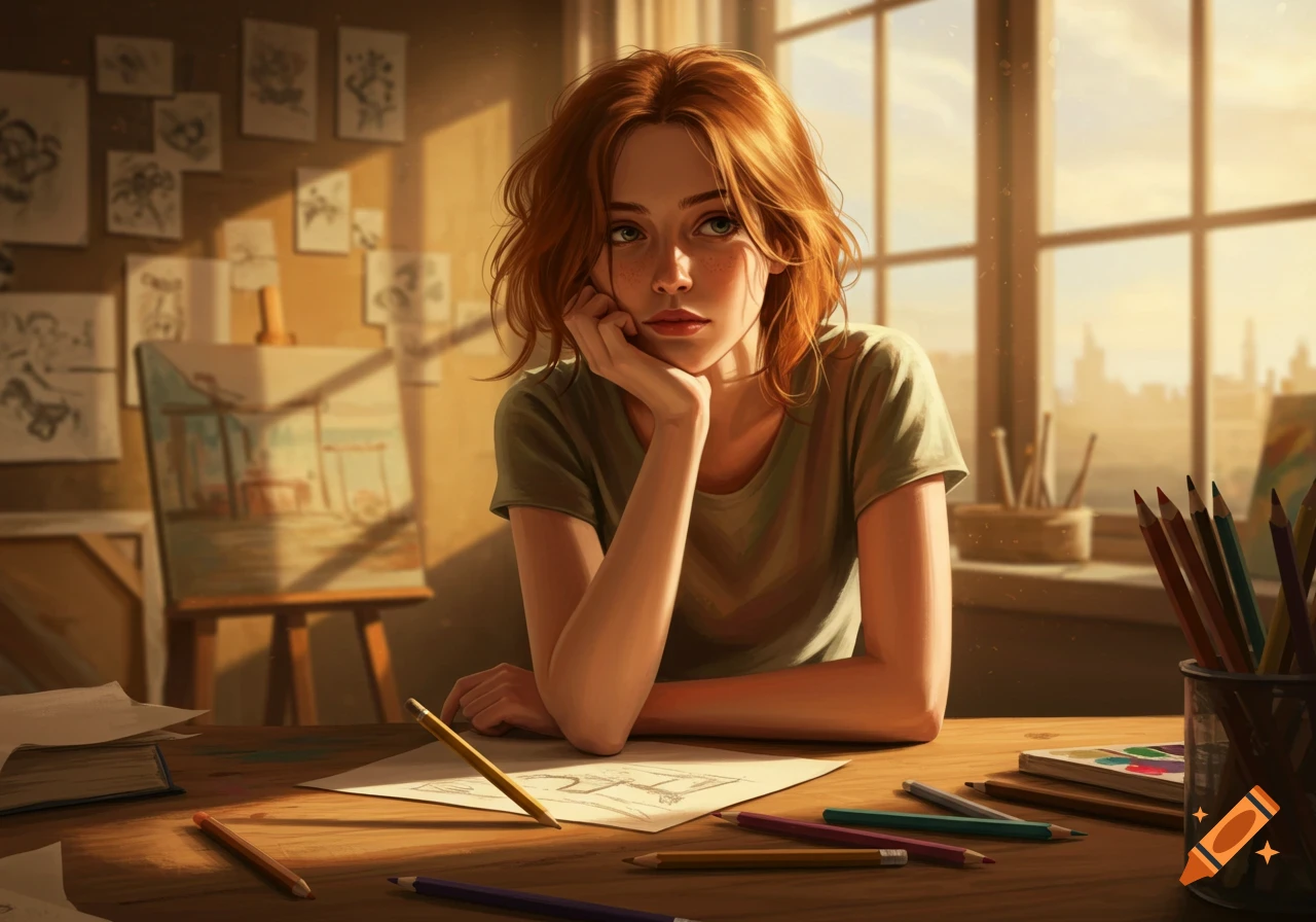 A young woman with red hair sitting at a desk with pencils and paper, looking thoughtful in an artist's studio bathed in warm light.