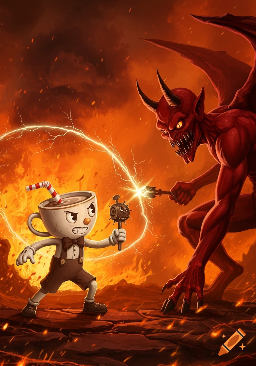A cartoon cuphead character battles a red, horned devil with wings in a fiery, hellish landscape filled with lightning.