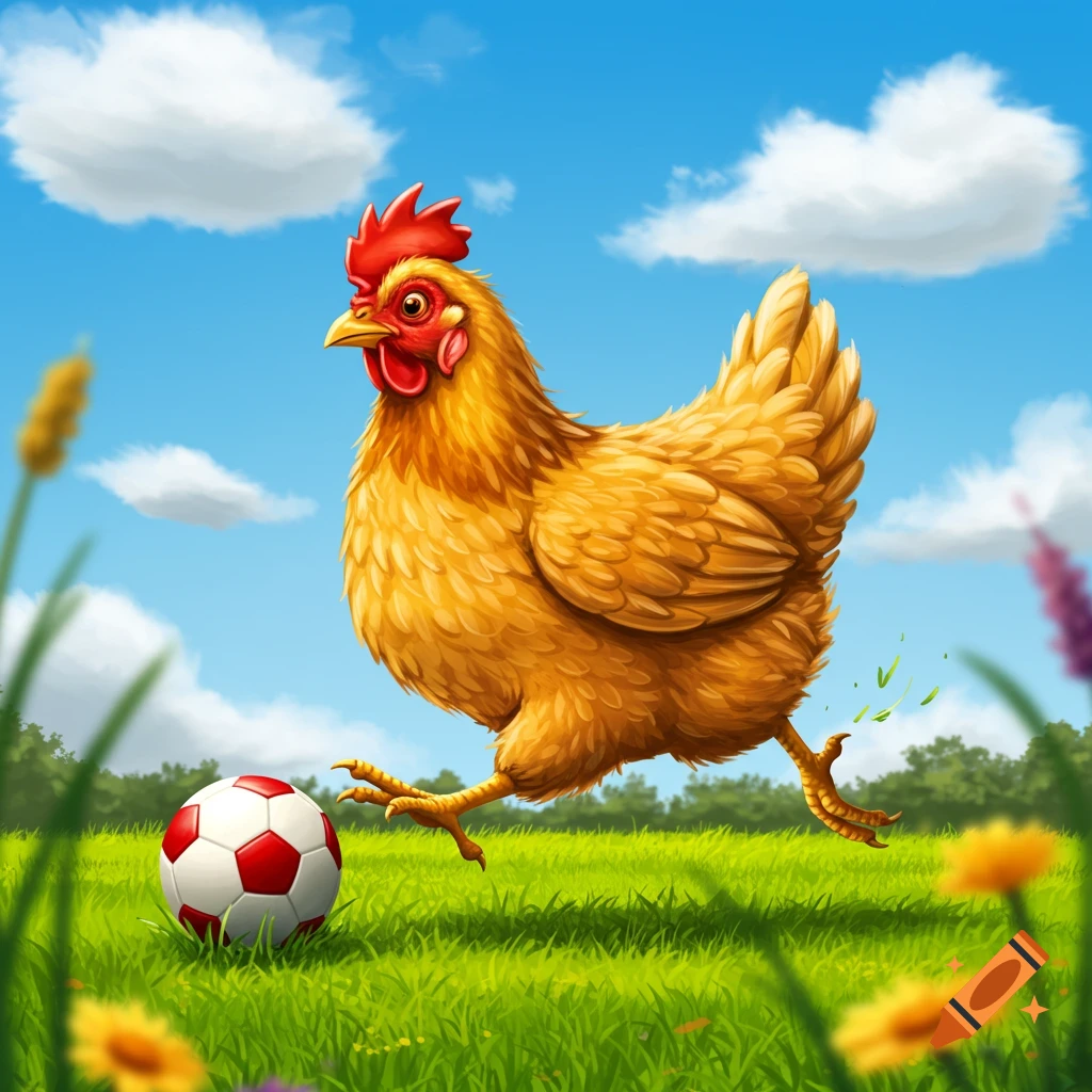 A cartoon chicken running across a green field, kicking a red and white soccer ball under a blue sky with white clouds.