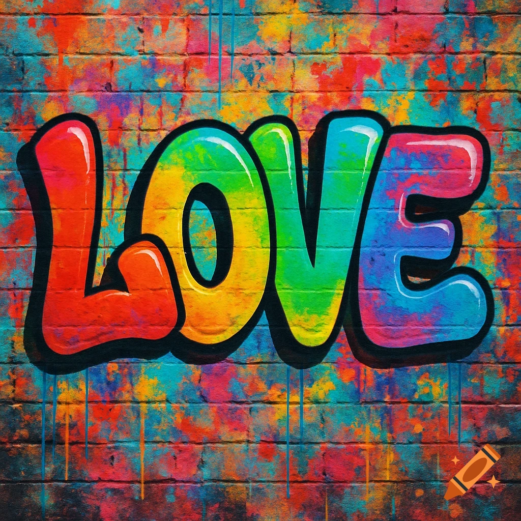 A colorful graffiti-style LOVE word with black outlines on a splattered brick wall.