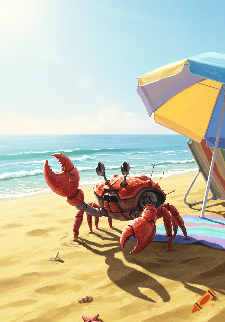 A red robotic crab on a sunny beach with an umbrella and ocean waves in the background.
