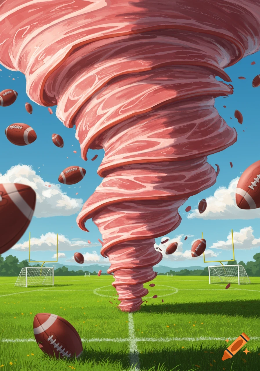 A swirling tornado made of ham slices dominates a football field as footballs fly around it under a blue sky.
