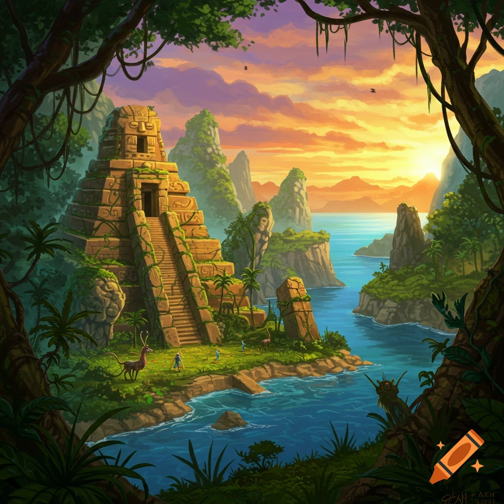 A vibrant fantasy landscape at sunset, featuring an ancient jungle temple overlooking a bay with mystical creatures.