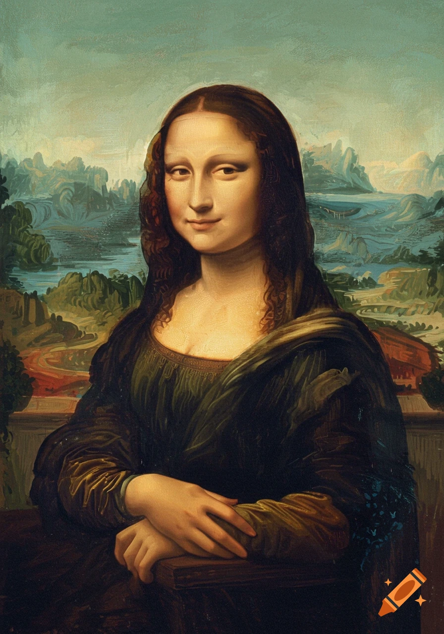 A classic portrait painting of the Mona Lisa, featuring a woman with a slight smile, dark hair, and a dark dress, set against a mountainous landscape.