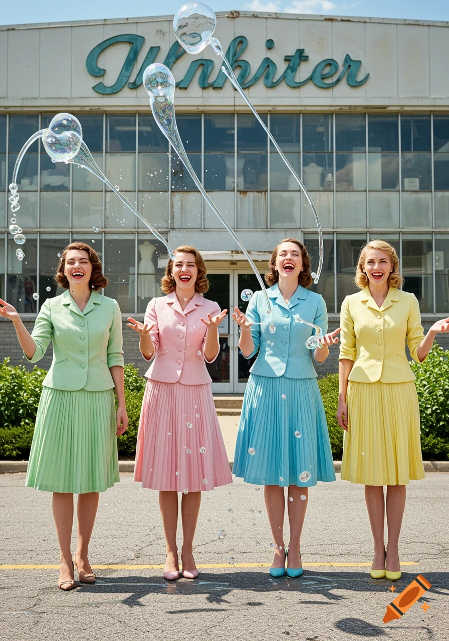Four smiling women in colorful pastel skirt suits stand outdoors with bubbles around them, in front of a building.