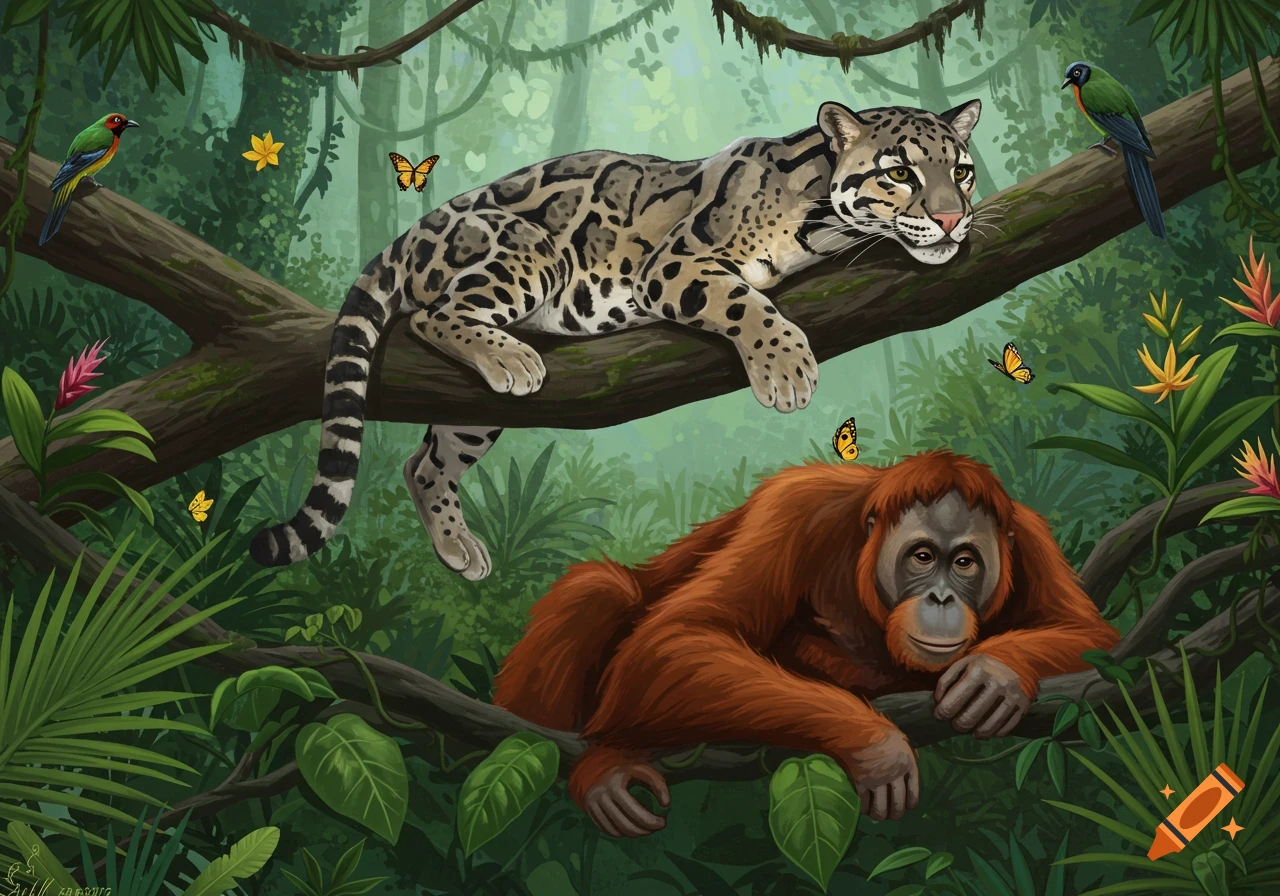 An artistic illustration of a clouded leopard on a tree branch above an orangutan in a lush jungle with birds and butterflies.