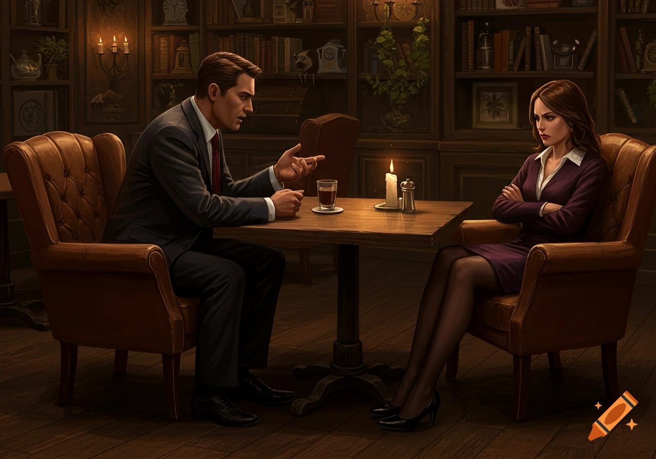 A photorealistic image of a man and woman in a dimly lit room with bookshelves. The man leans in to speak, while the woman sits back, arms crossed, looking away.