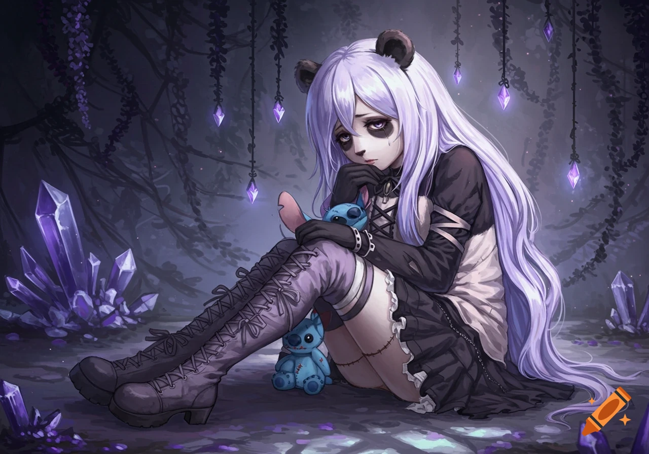 Anime goth girl with purple hair and panda features sits with a blue Stitch plushie in a dark, crystal-filled forest.