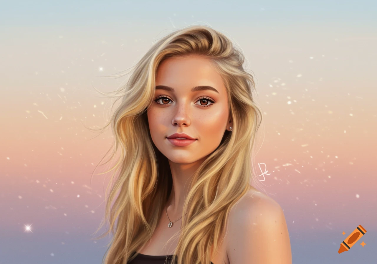 Digital painting of a young woman with long blonde hair and freckles against a soft gradient sky.