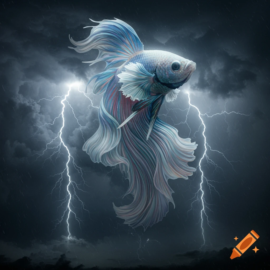 A large, colorful betta fish with flowing fins appears amidst dark stormy clouds and bright lightning strikes. Photorealistic style.