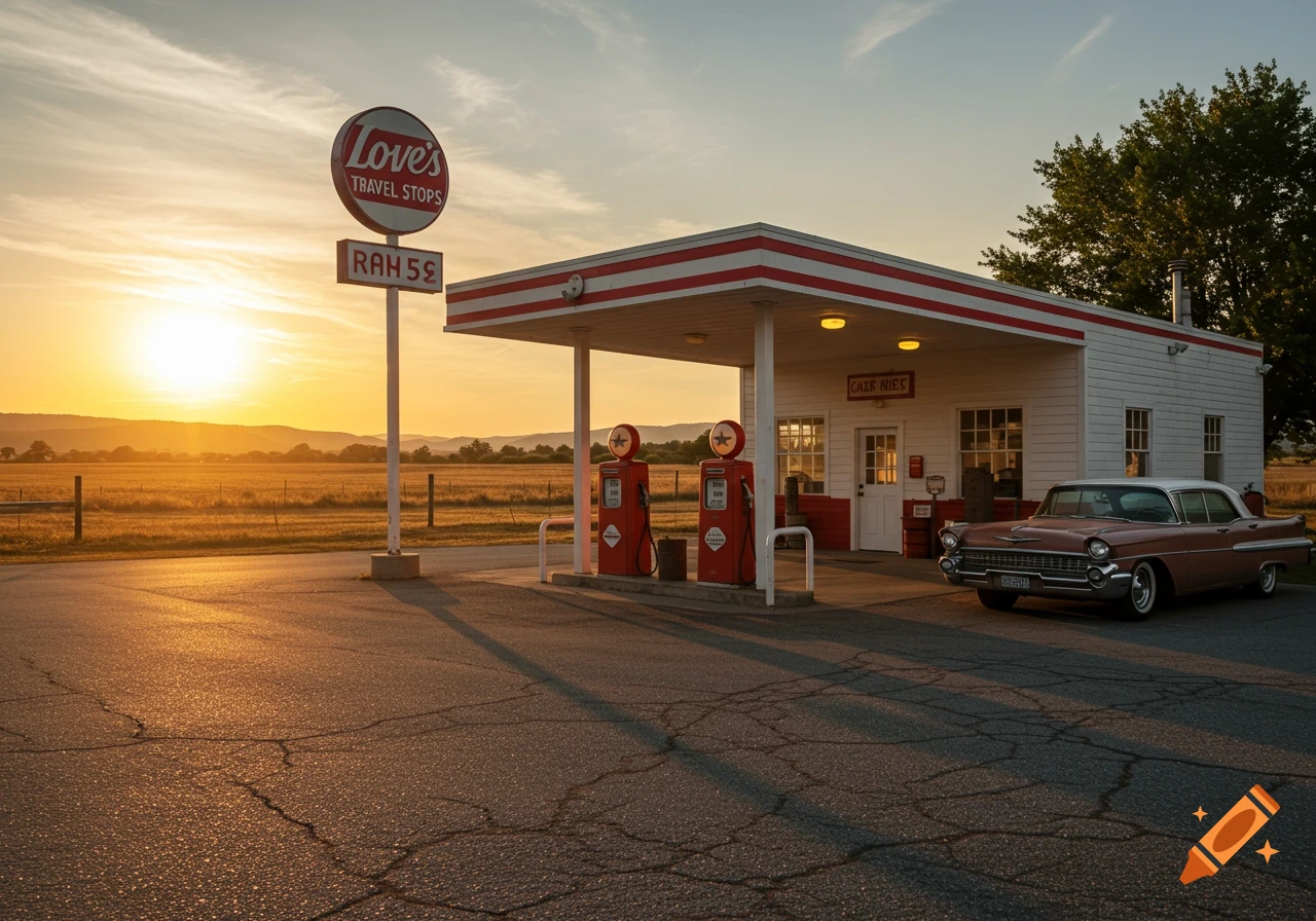 A classic car parked at a vintage gas station with a Love's Travel Stops sign at sunset in a rural landscape.