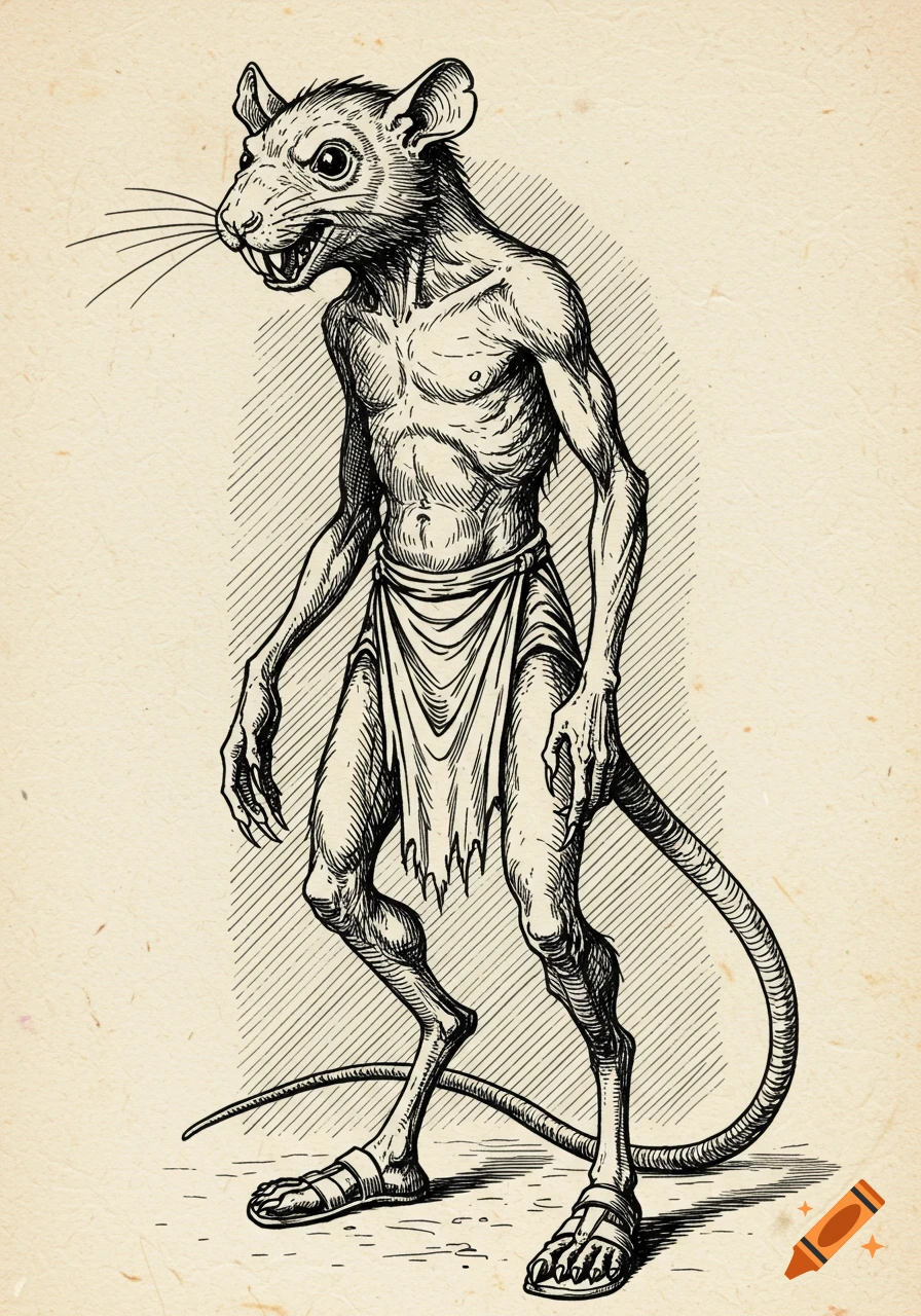 A black and white line drawing depicts a gaunt rat-person standing upright, wearing a loincloth and sandals.