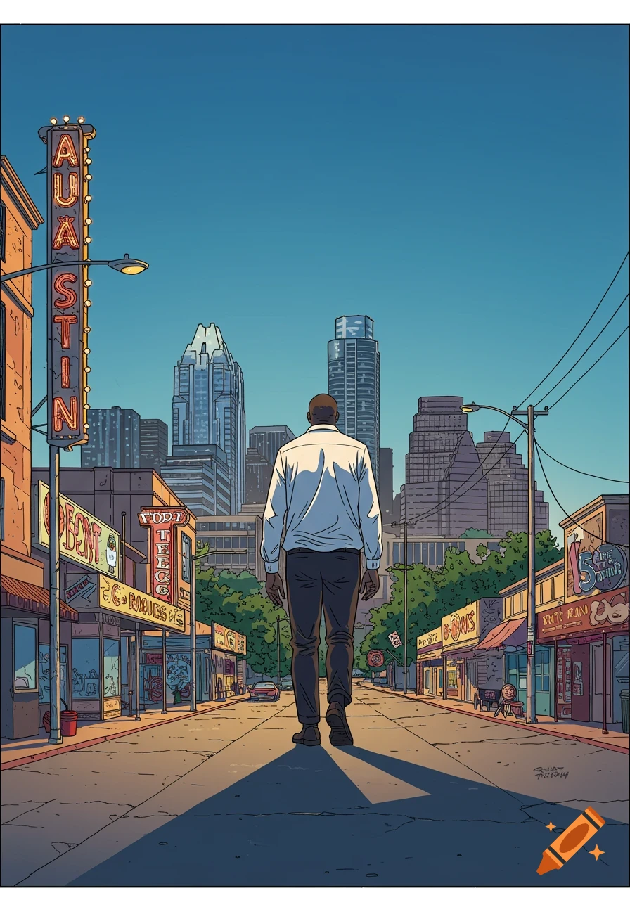 A man in a white shirt and black pants walks away from the viewer down a street in a comic book style Austin city.