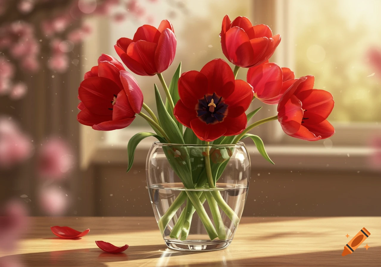 A bouquet of vibrant red tulips in a clear glass vase, with two fallen petals on a sunlit wooden table.