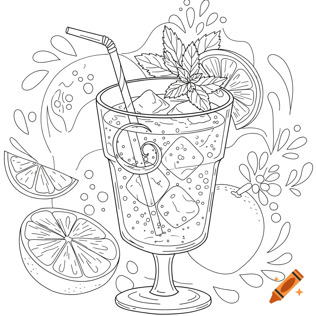 Line art drawing of a tall cocktail glass with ice, a straw, mint, and a citrus slice, surrounded by other citrus fruits and splashes.
