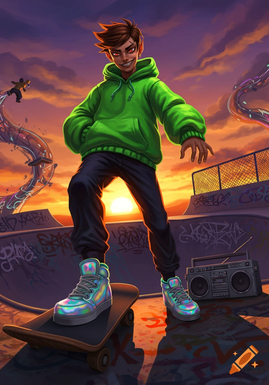 Stylized illustration of a cool young person with red eyes in a green hoodie standing on a skateboard at sunset in a graffiti-covered skate park.