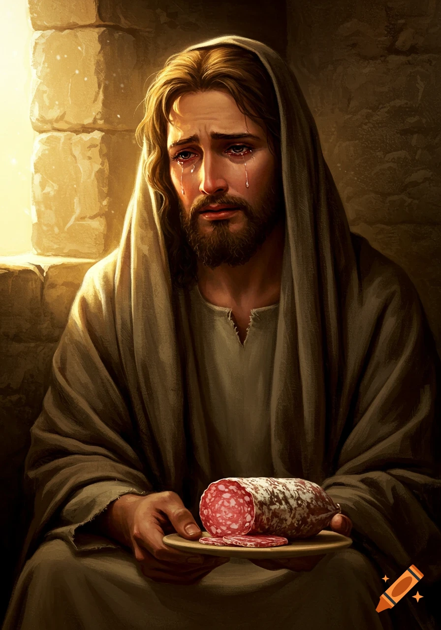A digital painting of a crying Jesus holding a plate with a log of salami and sliced salami.