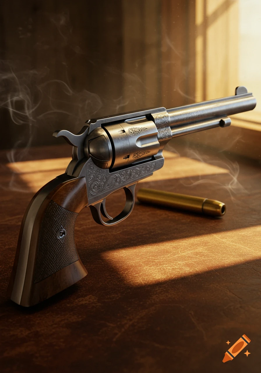 An ornate, engraved photorealistic revolver with smoke, resting on a wooden table with sunlight.