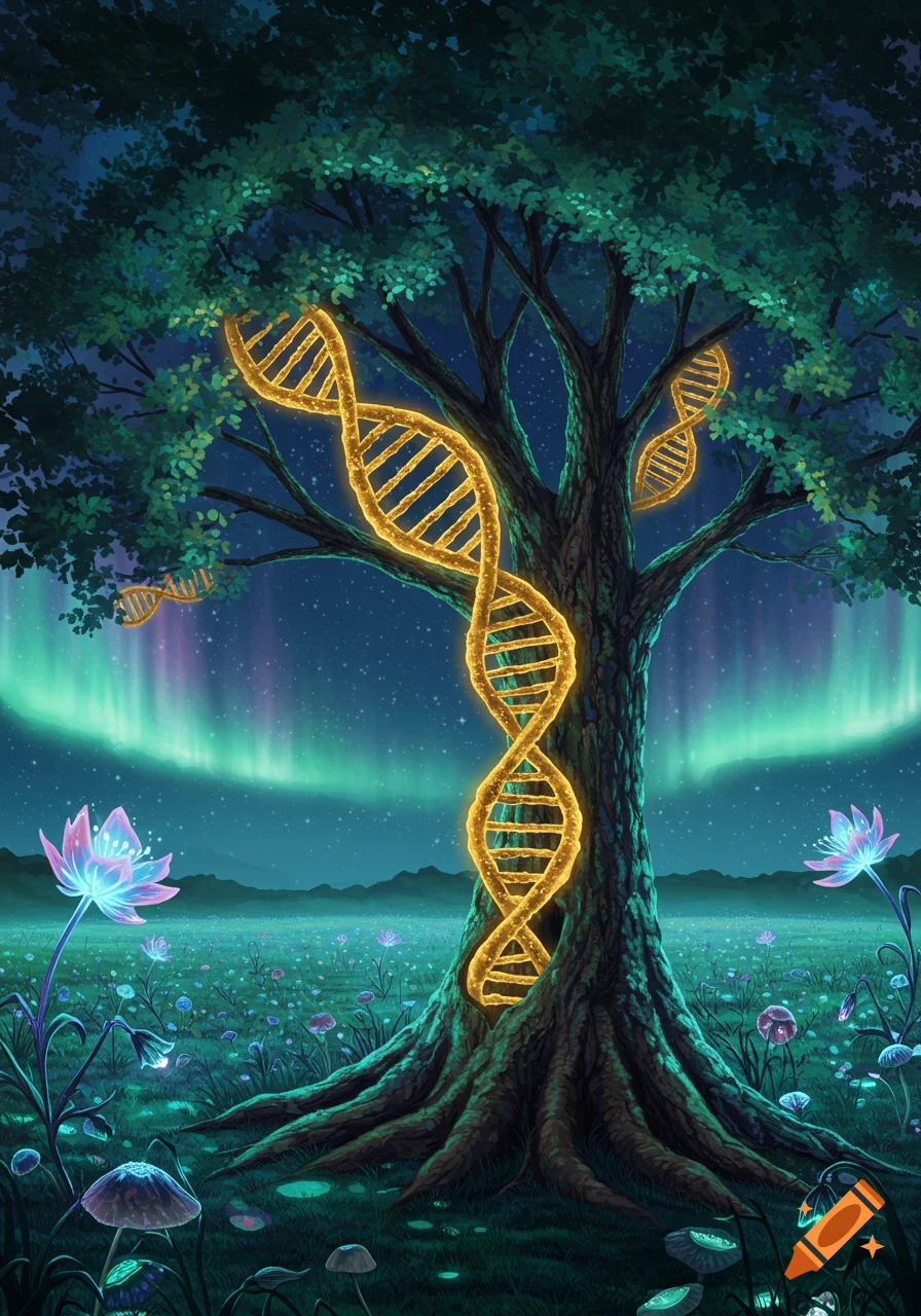 A large tree with glowing golden DNA strands spiraling around its trunk, set against a night sky with aurora lights and bioluminescent flowers.