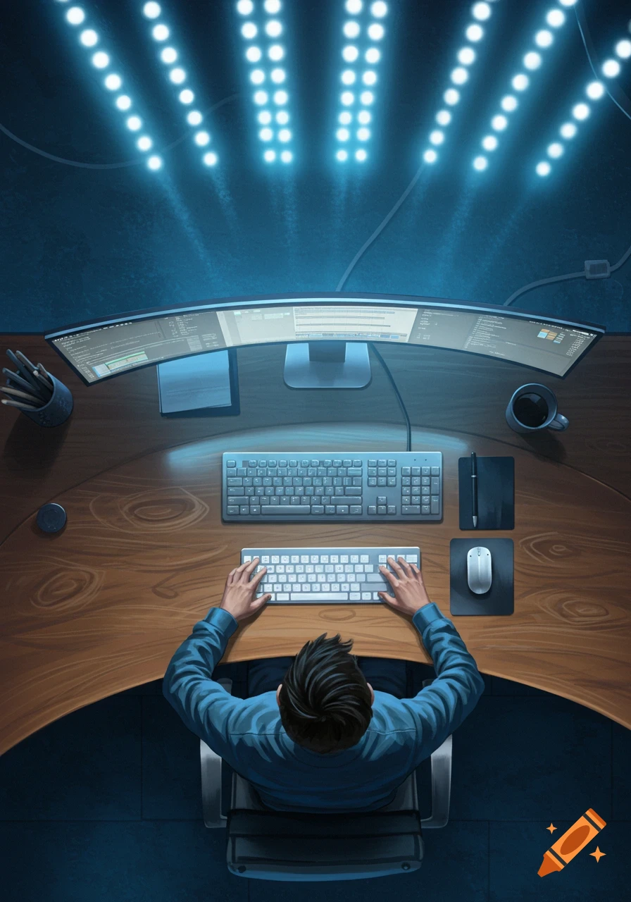 An overhead view of a person working at a computer desk with a large curved monitor, keyboard, and mouse under bright overhead lights.