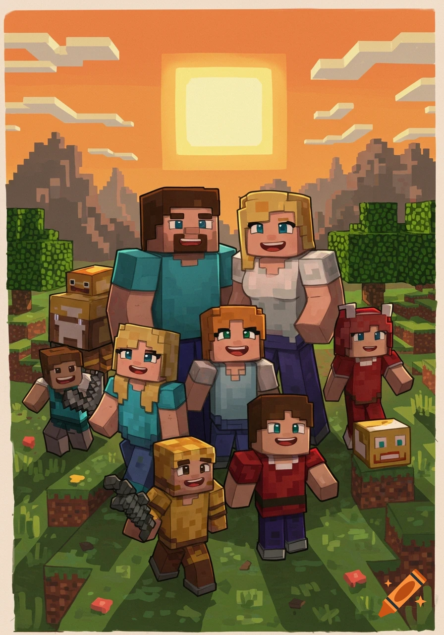 A blocky, cartoon family of eight, including parents, four daughters, and two sons, stands in a grassy Minecraft-style landscape at sunset.
