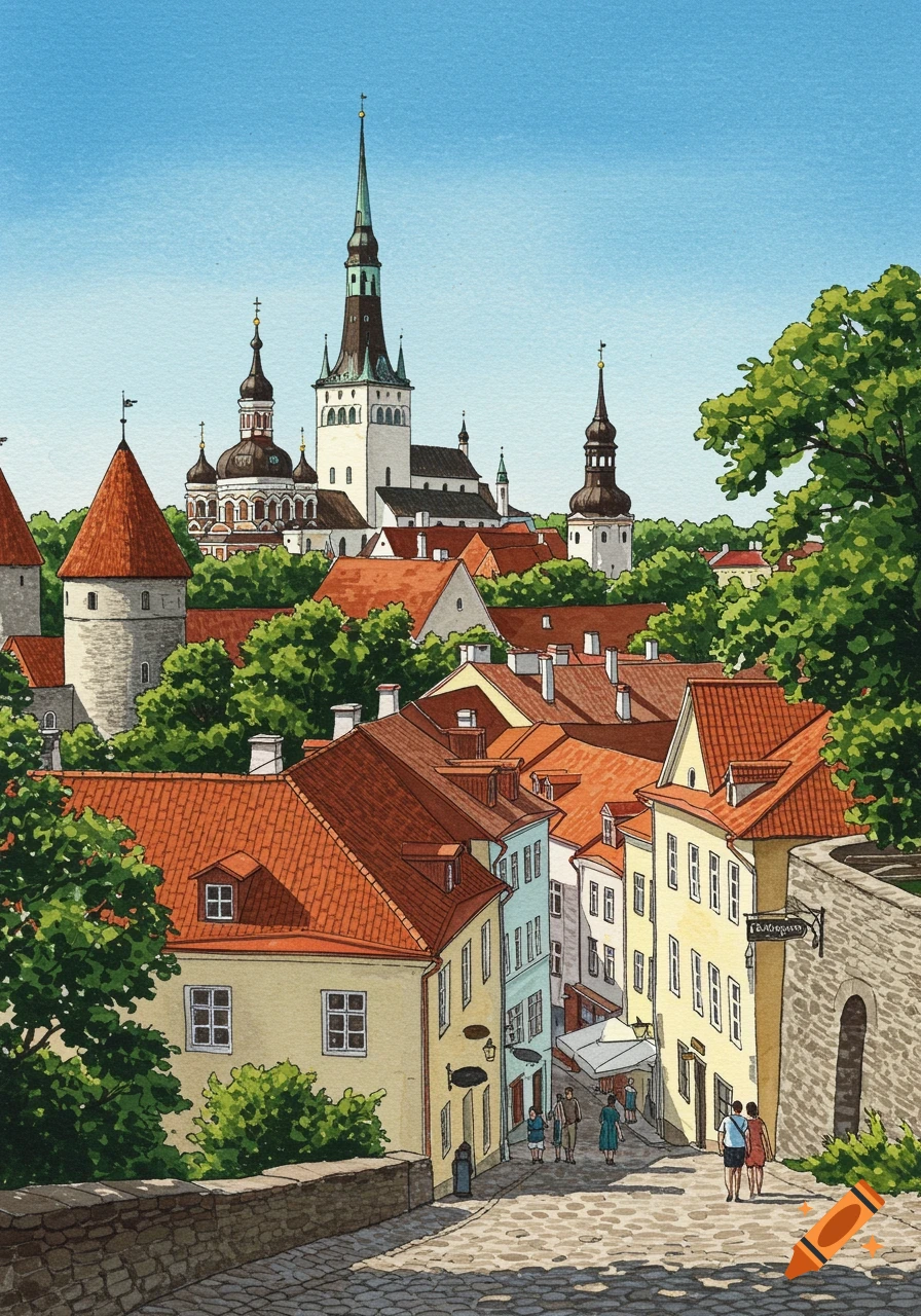 A vibrant watercolor painting of Tallinn's old town, featuring red-roofed buildings, a cobblestone street, and historic church spires under a clear blue sky.