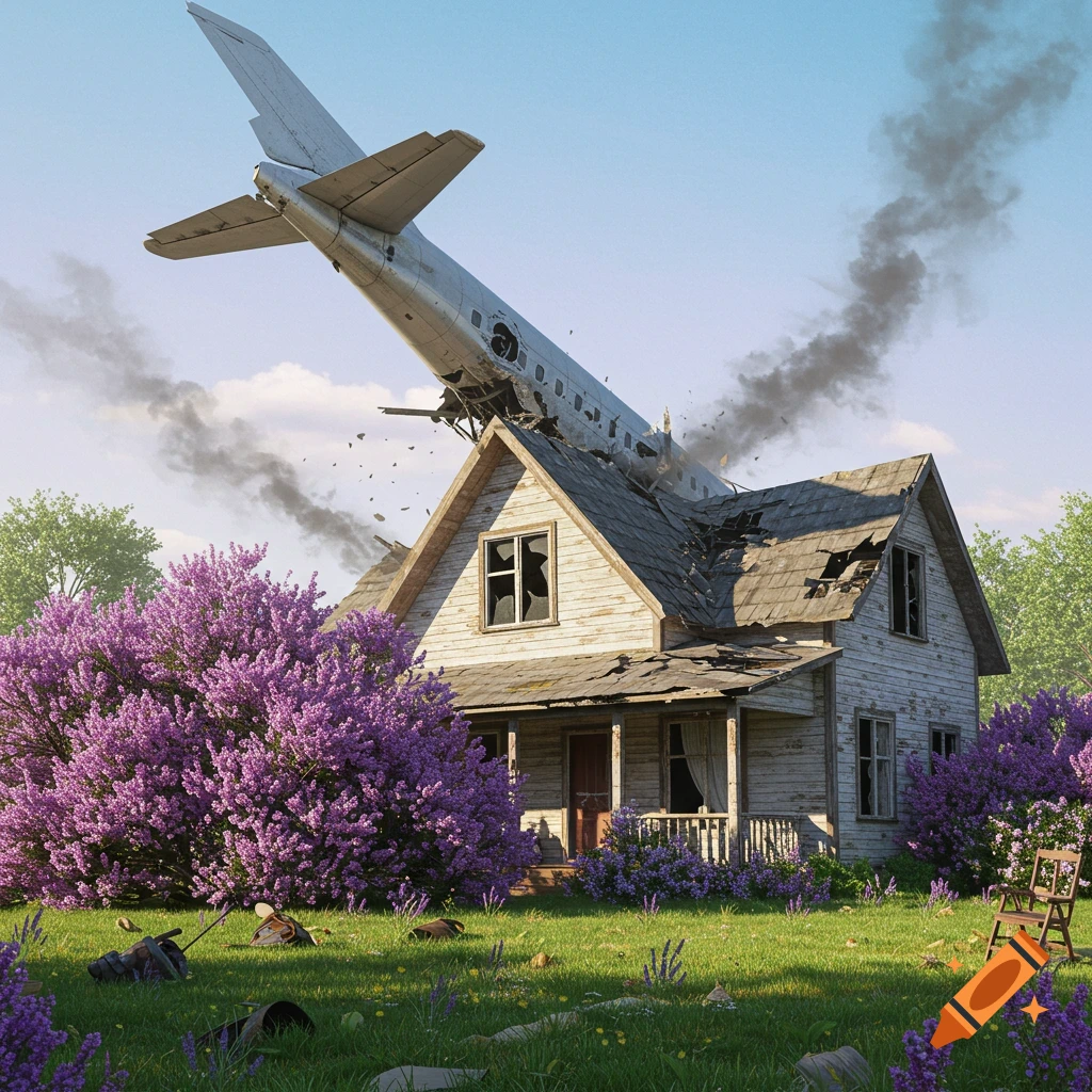 A photorealistic depiction of a crashed airplane half-submerged in the roof of an old wooden house, surrounded by purple bushes.