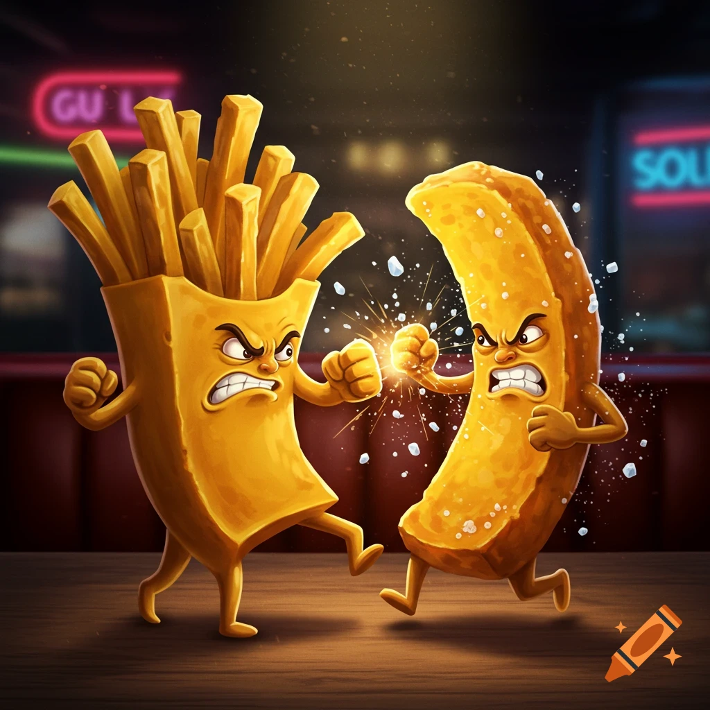 A cartoon illustration of a box of french fries punching a single french fry, both with angry faces, in a dimly lit restaurant.