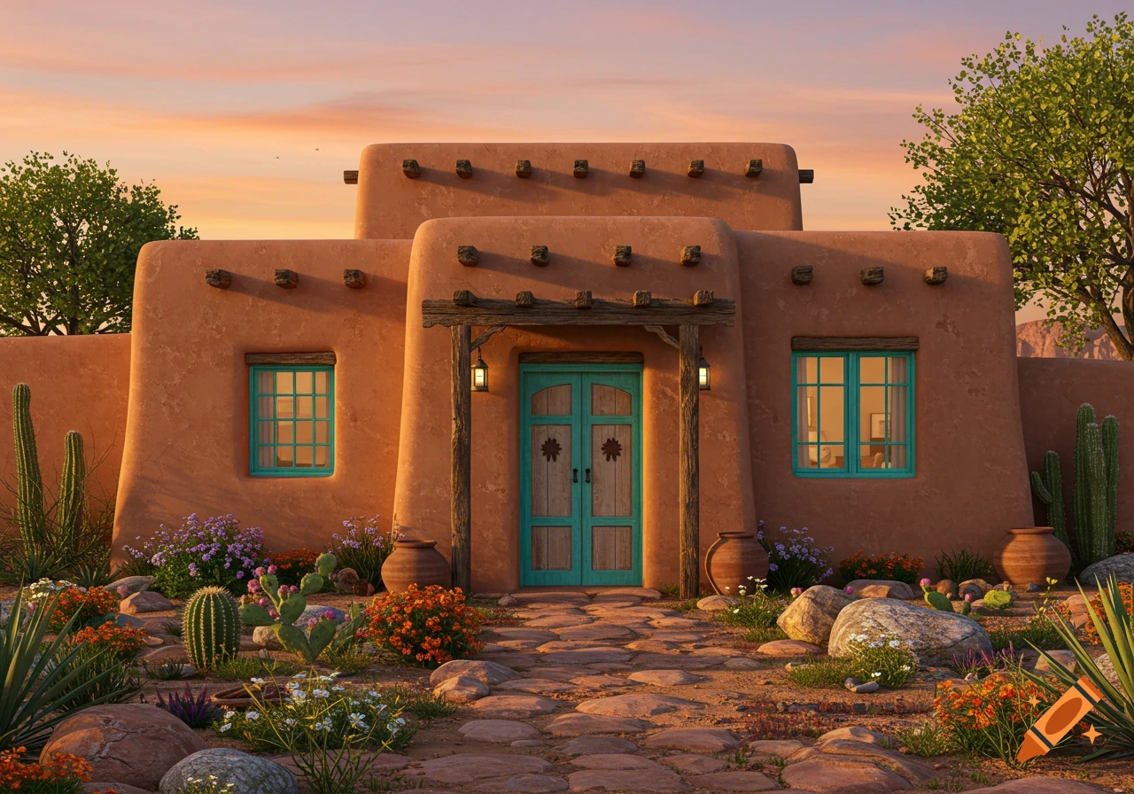 A vibrant Southwestern-style adobe home with a teal door and windows, surrounded by desert plants and flowers under an orange sunset sky.
