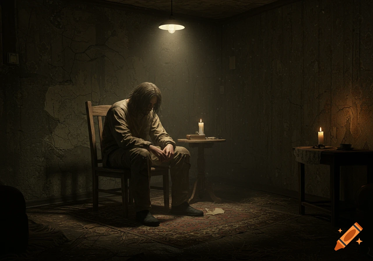 A somber man with long hair sits in a dim, decaying room lit by candles and a single bulb.
