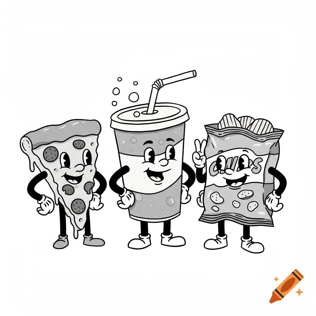 Black and white cartoon of a happy pizza slice, soda cup, and potato chip bag character.