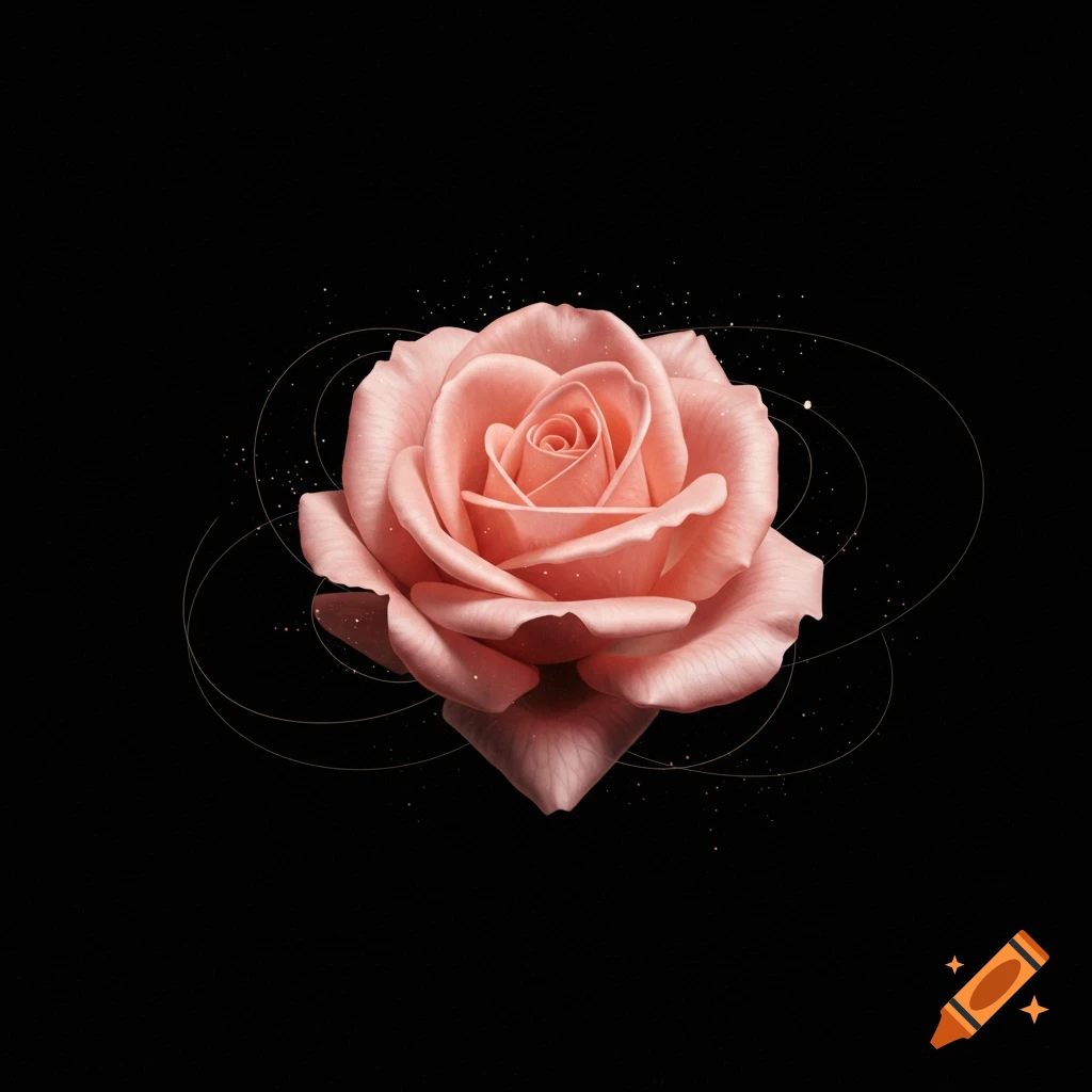 An elegant, detailed peach-colored rose centered against a solid black background with subtle golden lines and speckles.