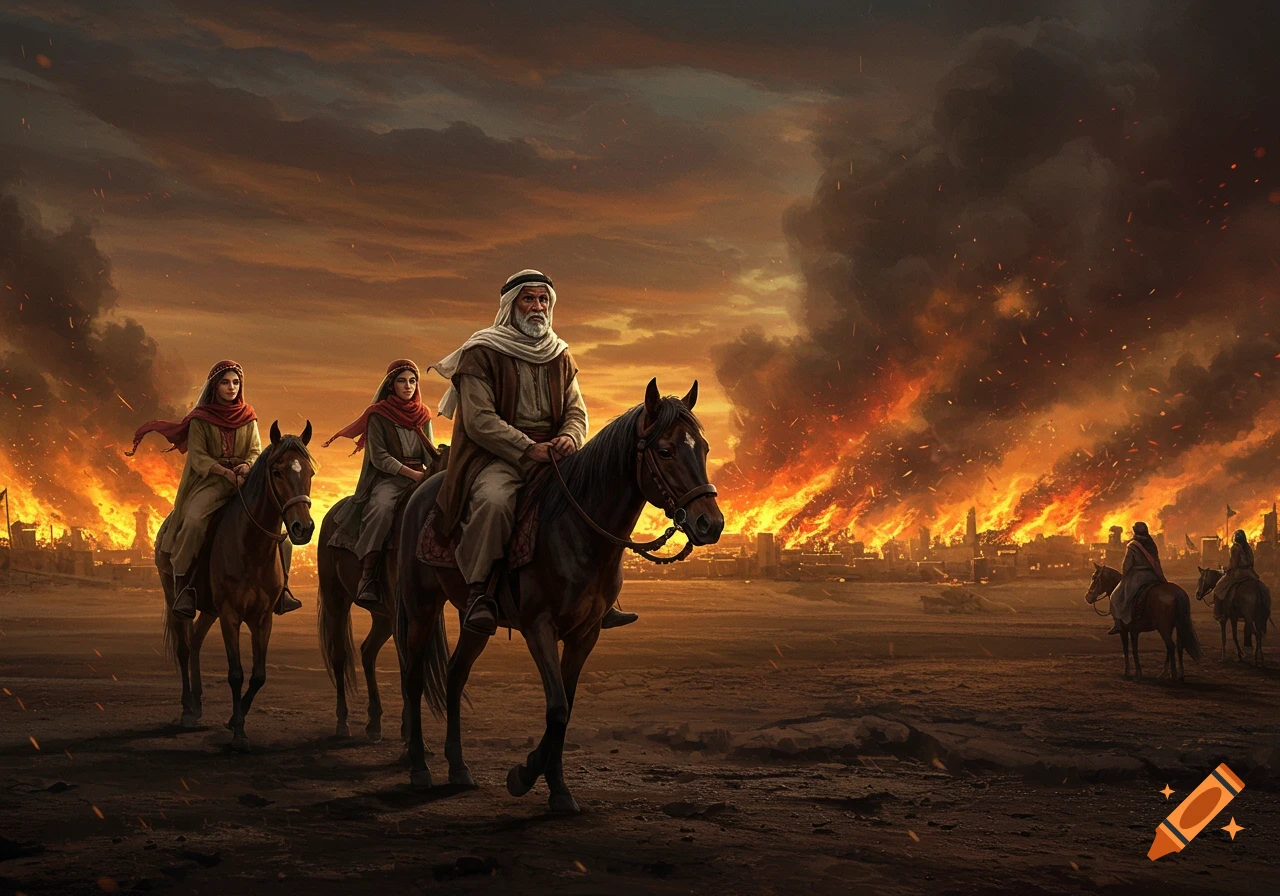 An old man with a beard on a horse, accompanied by two women on horses, rides away from a city ablaze under a fiery sky.