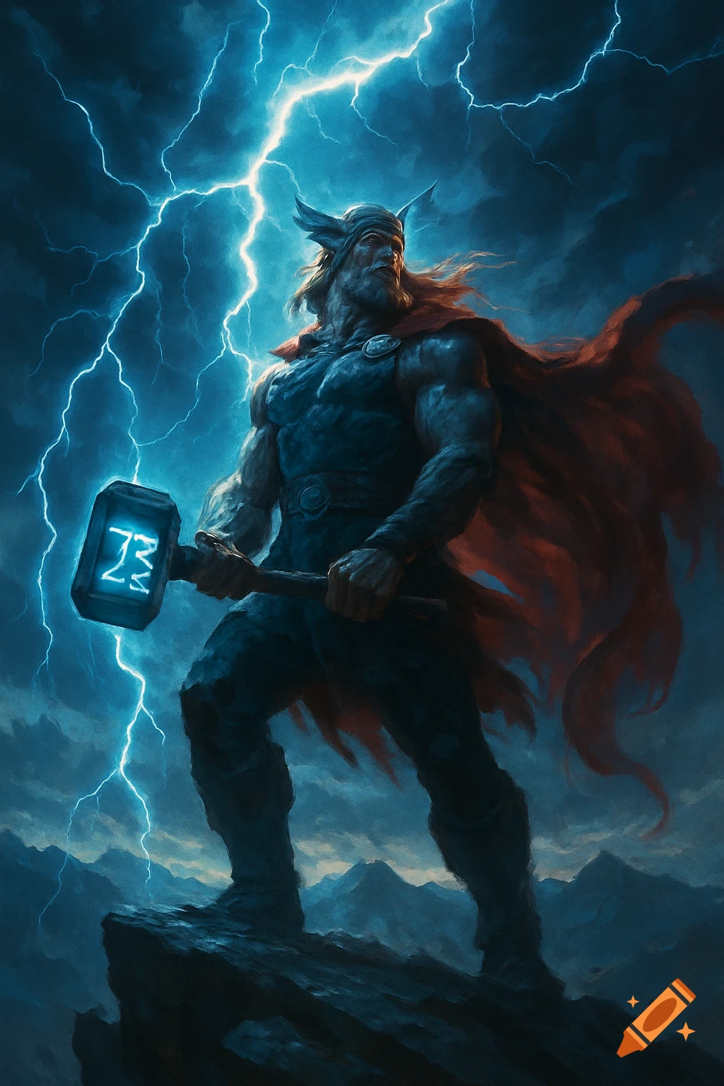 Muscular Thor stands on a rock with a glowing hammer as lightning strikes in a stormy sky.