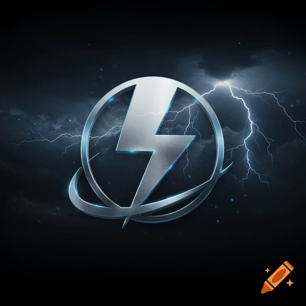 A metallic silver lightning bolt logo within a circle, set against a dark stormy sky with lightning.