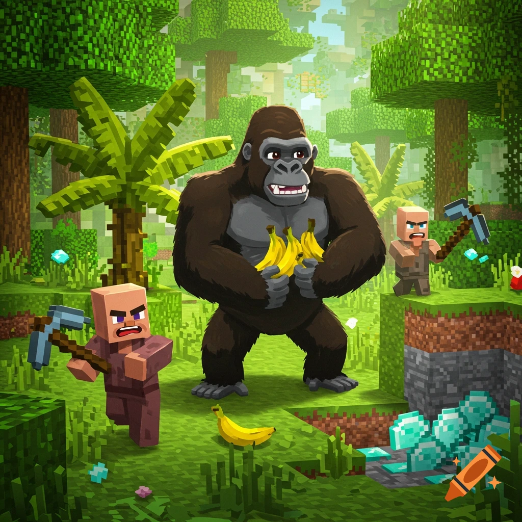 A cartoon gorilla holds bananas in a blocky Minecraft jungle with two villagers and scattered diamonds.