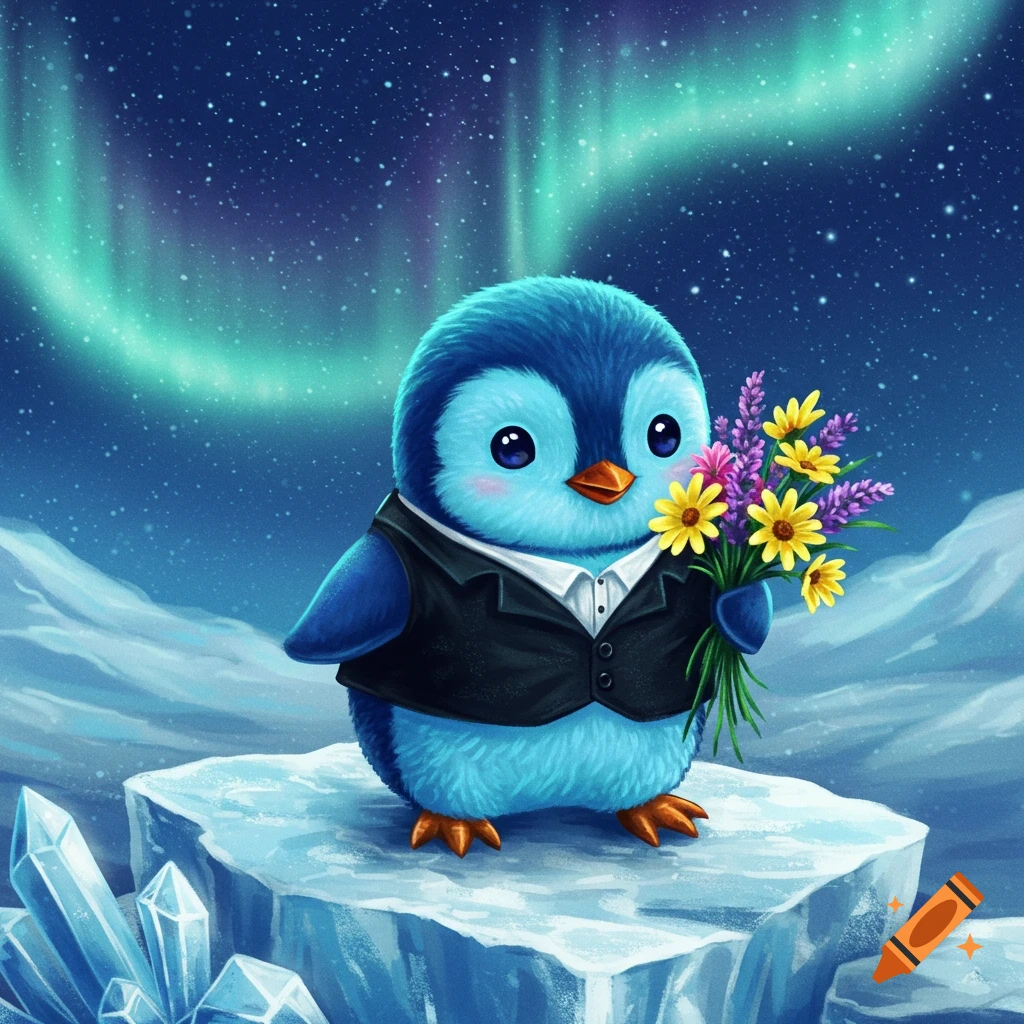 A cute blue penguin wearing a tuxedo holds a bouquet of colorful flowers on an ice block under a starry sky with a green aurora.