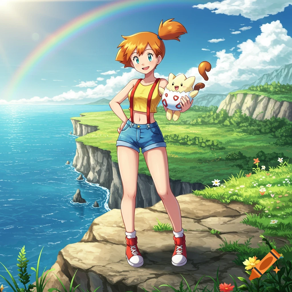 Misty from Pokemon, wearing a yellow top and denim shorts, stands on a cliff by the sea with Togepi, under a rainbow in anime style.