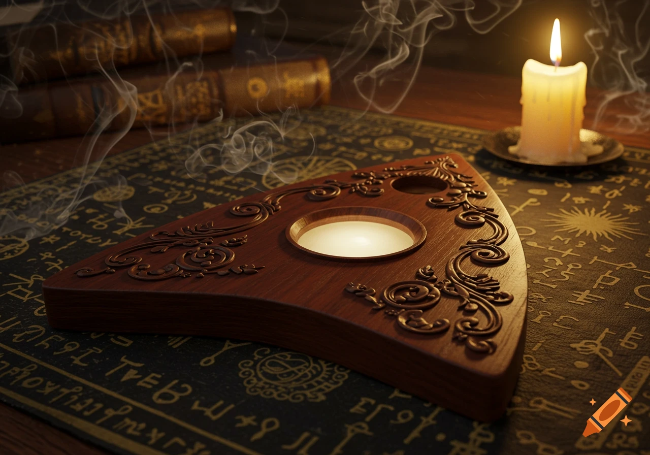 A dark, mystical scene with a carved wooden planchette, a flickering candle, and wisps of smoke on a patterned mat with arcane symbols.