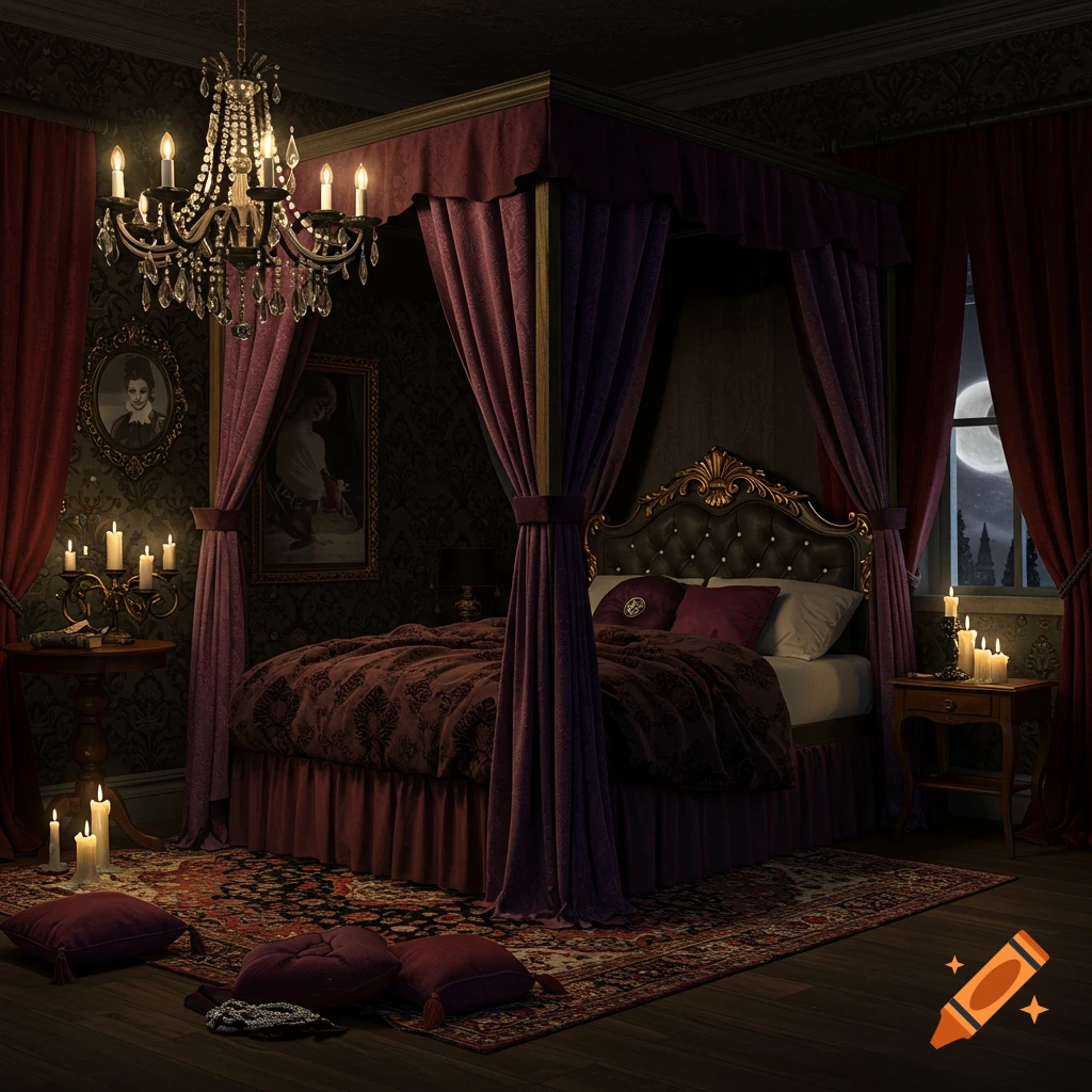 A dark, ornate gothic bedroom with a four-poster bed, chandelier, candles, and a large moon visible through the window.