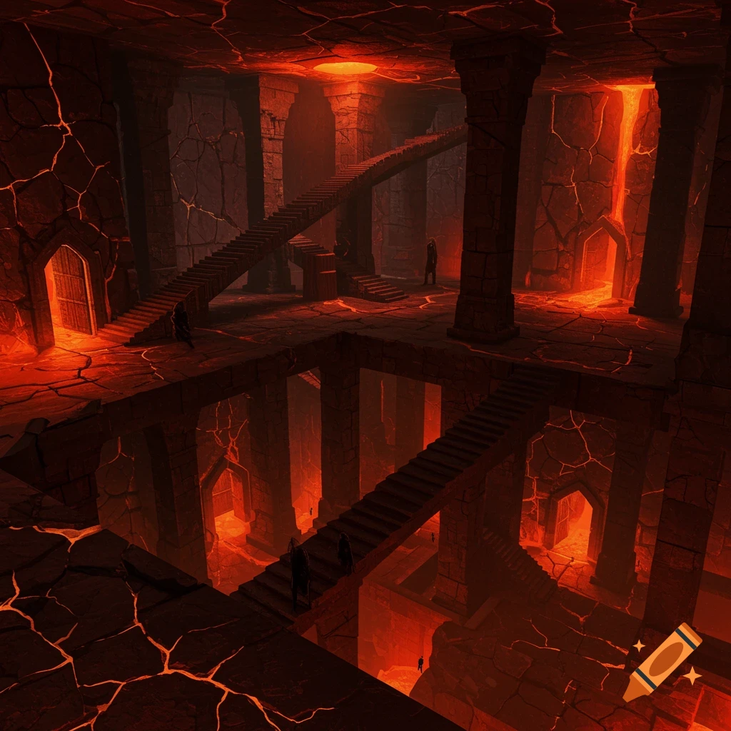 A dark fantasy, M.C. Escher-inspired image of a surreal hellish dungeon with warped stone stairs, pillars, and glowing magma cracks.