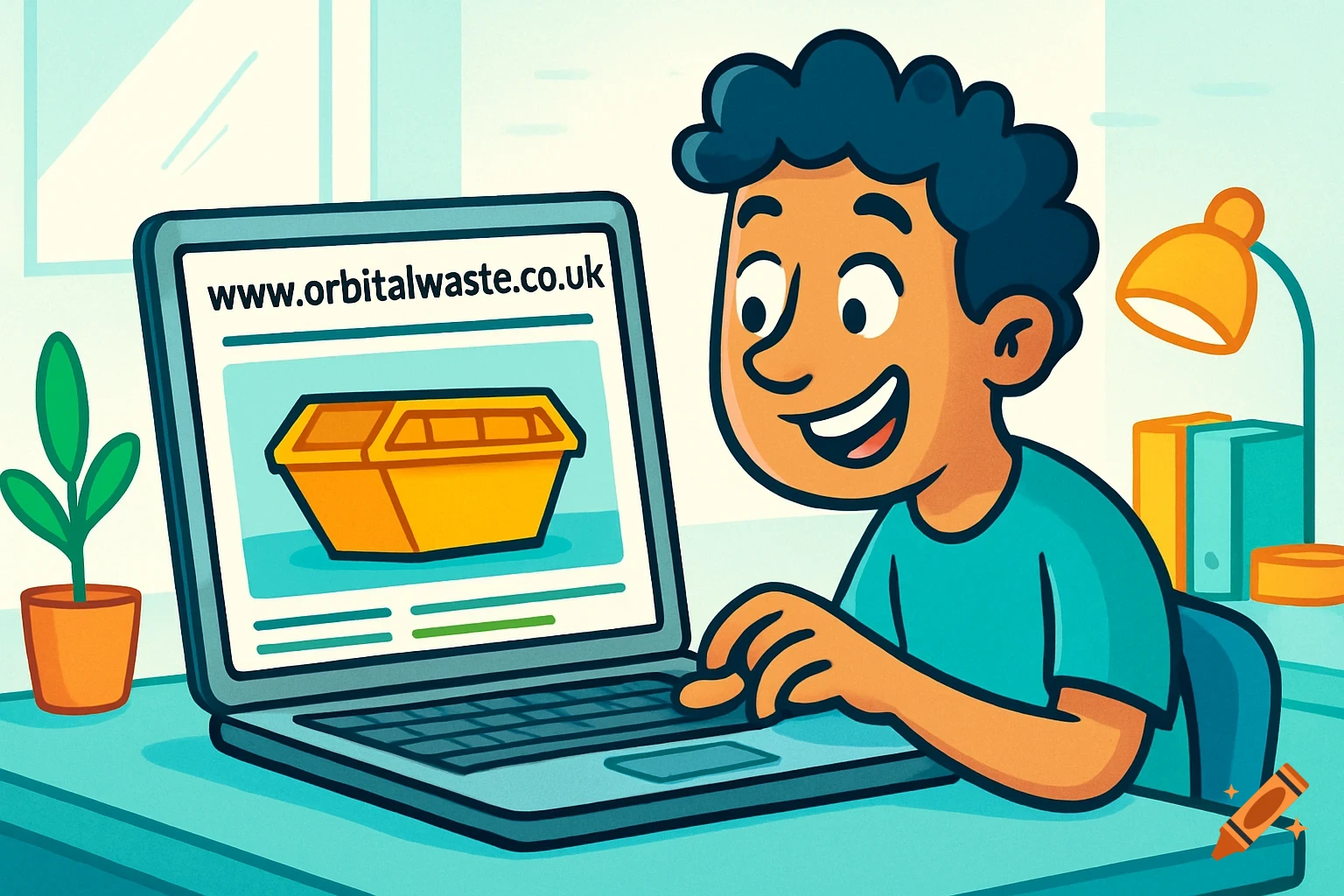 Cartoon illustration of a smiling person using a laptop, showing a waste skip and 'www.orbitalwaste.co.uk' on screen.
