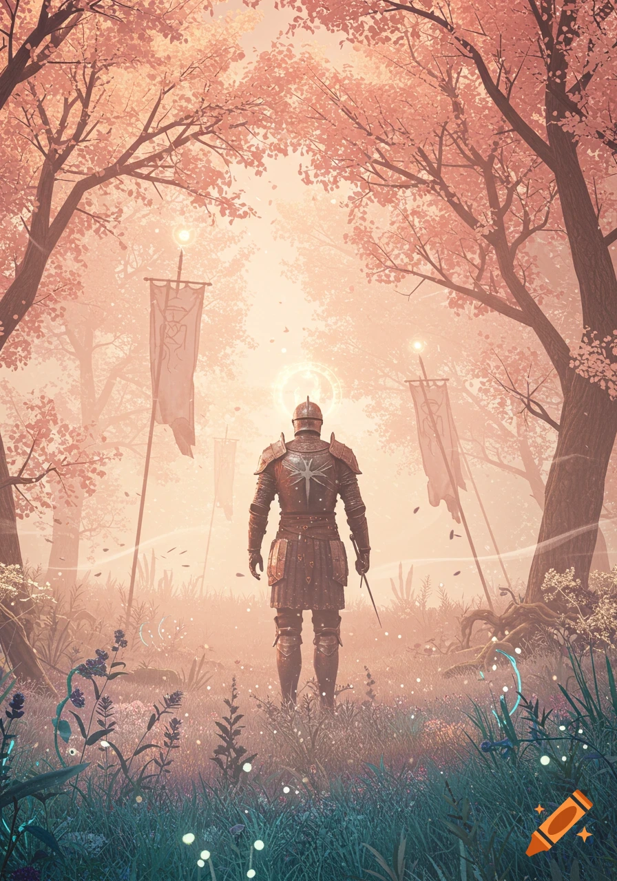 A knight in detailed armor stands with his back to the viewer in a mystical forest with pink foliage and glowing flora.