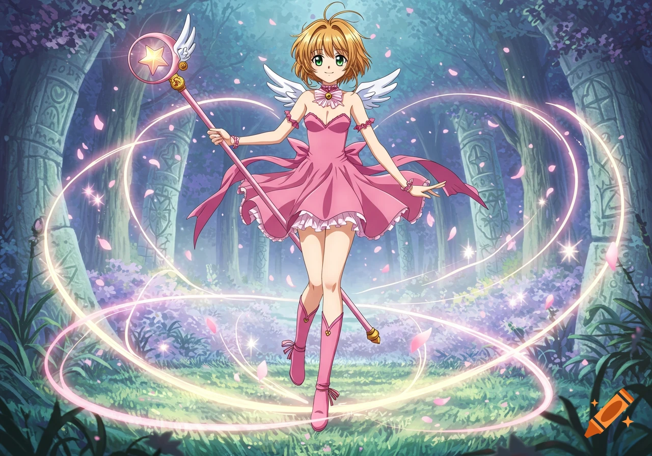 An anime magical girl in a pink dress and wings stands in an enchanted forest with swirling light and pink petals.