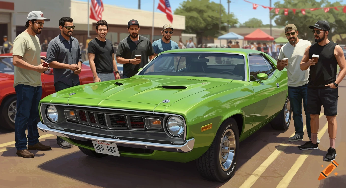 A group of men admiring a bright lime green classic muscle car, a 1971 Plymouth Barracuda, at an outdoor car show.