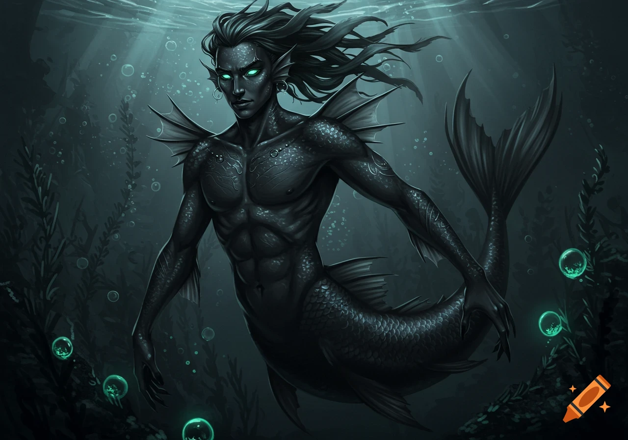 A dark merman with glowing green eyes and flowing black hair swims in dark underwater depths with glowing bubbles.