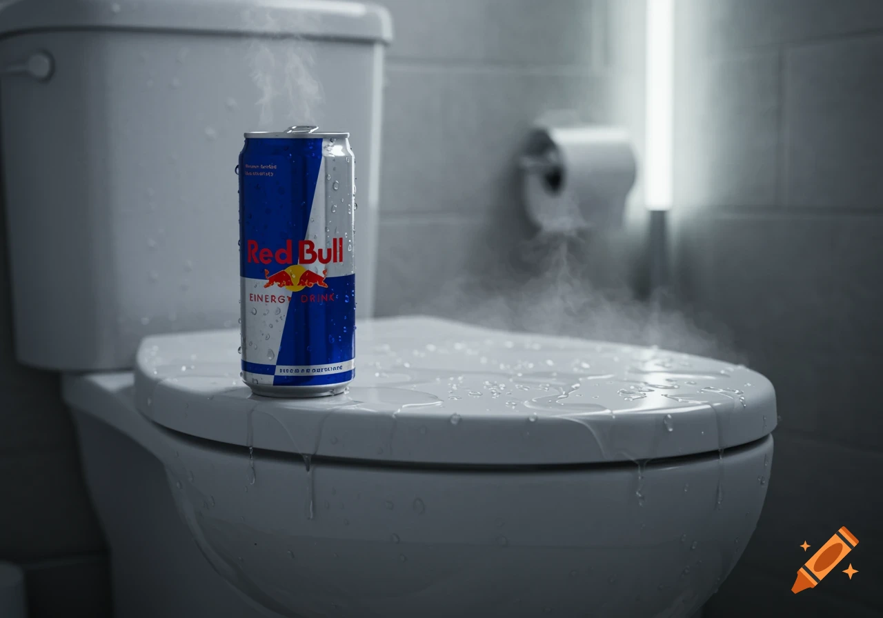 Photorealistic close-up of a sweating Red Bull can on a wet toilet seat with steam rising.