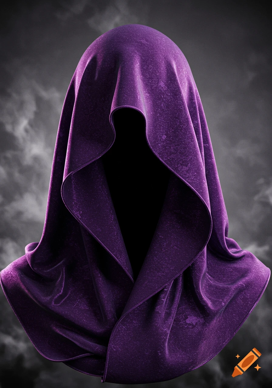 A figure draped in rich, textured purple fabric forming a mysterious hood, against a dark, cloudy background.