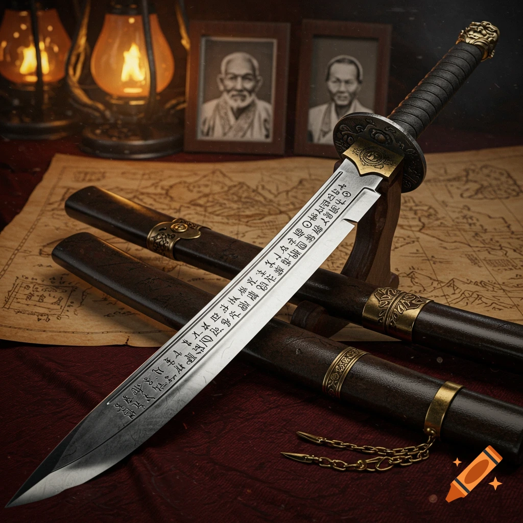 A photorealistic still life of a long, engraved sword with its scabbards on a red cloth and old map, with lanterns and portraits behind.