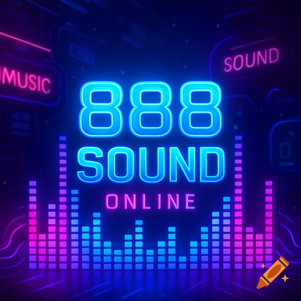 A neon-style graphic for 888 Sound Online with glowing blue and pink text, surrounded by vibrant audio equalizer bars.